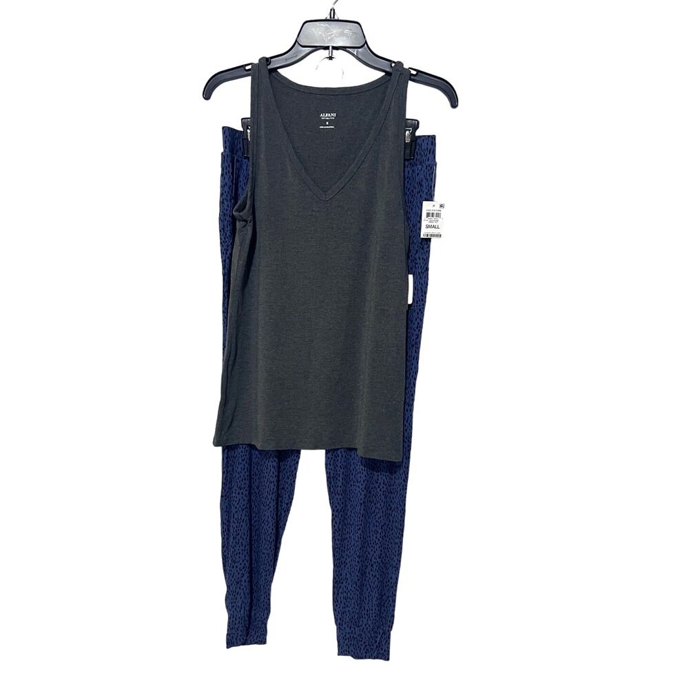 ALFANI WOMENS PAJAMA MIX SET GRAY TANK TOP & BLUE DOT ANIMAL JOGGER PANTS SMALL